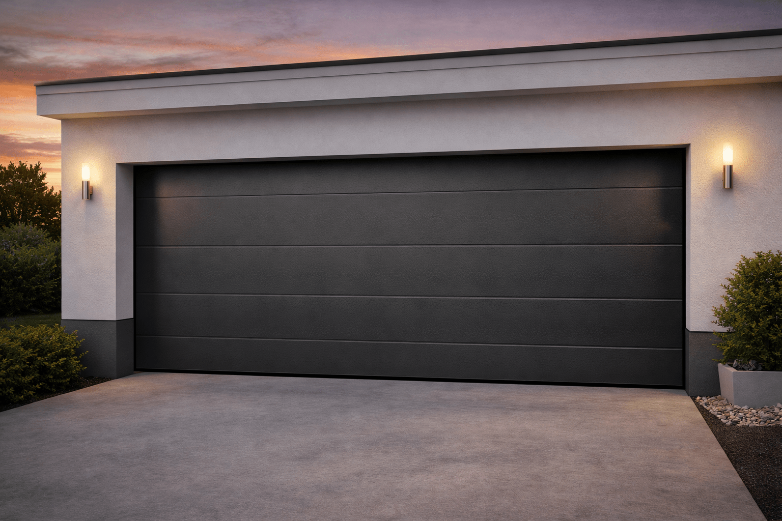 Puerta seccional moderna en vivienda contemporánea